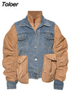 2023 Casual Temperament Fashion Turn-down Collar Autumn And Winter parka Patchwork Denim Cotton Woman jackets