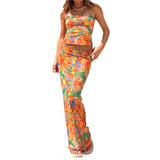 Piece Skirt Sets Womens Outfits Floral Print Sleeveless Crop Top Slim Fit Tube Tops and Long Skirt y2k Clothes Party