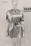 Fashion Women's Dress Round Neck Long Sleeve High Waist Belt Above Knee Gold Party Dresses Female Autumn 2023 New