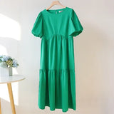 Cotton Casual Summer Maxi Green Dress Women O Neck A-line Oversized Short Sleeve Midi Dresses Puff Sleeve White Long