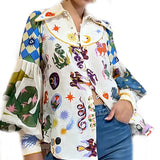 Women's New Temperament Commuting Print Collar Single Buckle Lantern Sleeve Lady Shirt