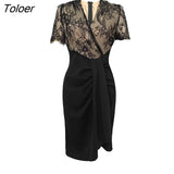Women Evening Dress Chic Lace Black Formal See Through Sexy V-Neck Folds Slim Midi Party Club Lady Femme Mujer