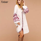 Elegant Women's Boho Dress O-Neck Single-Breasted Puff Sleeve Floral Embroidery Vintage Dresses Bohemian Beach