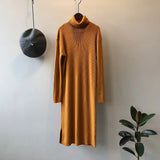 Women's Turtleneck Striped Ribbed Pit Knitted Sweater Dress 2022 Winter Korean Long Midi