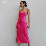 Sexy Strap Pink Satin Dress Ladies Summer Bodycon Sleeveless Midi Dress Elegant Lace-up Backless Dresses For Women