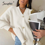 Casual v-neck short knitted sweaters women Autumn winter lantern sleeve button female cardigan Streetwear ladies