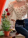 Vintage Elegant Blouse Women 2022 Summer Fashion Long Sleeve Slim Design Y2k Crop Tops Female Korean Casual Floral