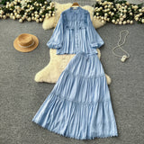 Temperament Set Female Court Vintage Lace Spliced Lantern Sleeve Single-Button Shirt High-Waisted