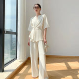 Summer Elegant Two Piece Set Women Designer France Vintage Suits Set Retro Chic Tops Casual Wide Leg Pants Korean