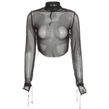 Spring Turtleneck T-Shirts Ruffles Crop Tops Solid Ruched Mesh Women Elastic Slim Long Sleeve Tees Female Outfits