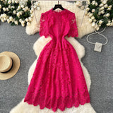 Elegant Heavy Industry Hollow Hook Water-Soluble Lace Dress Women's French Waist Thin Short Sleeve