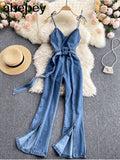 Women Summer Denim Strap Long Pants Jumpsuits Loose Sexy Beach Cami Overalls Boho Sleeveless Solid Chiffon Wide Leg