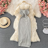 Chain Spaghetti Strap V-neck Sleeveless Summer Dress Women Solid Slim Pleated Split Midi Calf Party Dress Casual