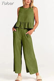 Summer Casual Sleeveless Pleated Pants Sets Wide-leg Loose Clothes 2 Piece Sets O Neck Trouser Suits Two Piece Set