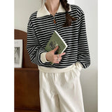Women's Striped Polo's Neck Zipper Oversized Sweatshirt Long Sleeve Loose Casual