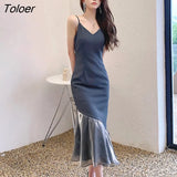 Korean Summer Sexy Strap Sleeveless Midi Party Club Dress Ladies Elegant Coffee Break Retro Bodycon Beach Mermaid