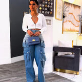 Women's Tie Jeans Women's Fashion High-Waist Multi-Pocket Gradient Wide-Legged