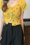 Knitted Cardigan Crop Top Women Summer 2023 Floral Lace Patchwork Shirt Single Breasted Cute T Shirts Short Sleeve
