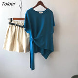 Chic Side Lace Up Asymmetrical T Shirts Women Solid Cotton Tshirts 2021 Summer Korean Style Basic Office Lady Loose