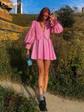Sexy Deep V-Neck Print Women'S Dress Fashion Doll Collar Lantern Sleeve Mini Dresses Elegant Pink Pleated Female