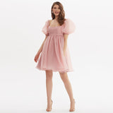 Graduation party dreess Sweet Puff Sleeve Organza Wedding Dress Woman High Waist Backless Square Collar Mini Dress New Summer