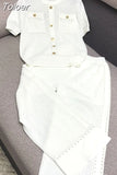 Women Golden Button Hollow Out Knitting Tops + Wide Leg Pants 2Pcs Sets Casual Short Sleeve Tops Knitwear Trousers