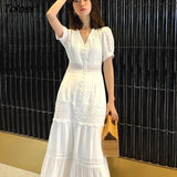 2023 Spring Summer Dress Women Cotton Patchwork Lace Dresses V-Neck Lantern Sleeve Maxi Dress Beach Long Female
