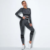 Athletic Seamless Striped Set Gym Sport Suit Workout Clothes Women Long Sleeve Shirts Seamless Shorts Fitness