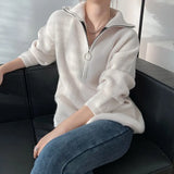 Women's Turtleneck Zipper Design Oversized Sweater Gray White Black High Neck Autumn Winter