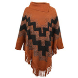 Autumn Winter Fringe Poncho Women Sweater Oversized Turtleneck Jumper Knitwear Holiday Vintage Cape Batwing Sleeve