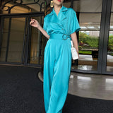 Elegant Blue Jumpsuit For Women Notched Collar Long Sleeve High Waist Solid Jumpsuit Female Spring Clothing