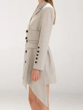 Fashion Women's Blazer Notched Collar Double Breasted Long Sleeve Belt Waist Gray Long Suit Jackets Spring 2023 New
