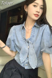 Blouse Women Blusas De Mujer 2023 Chic Short Sleeve Bandage Bow Denim Shirt Y2k Crop Tops Summer Casual Vintage