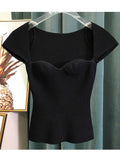 new spring sqaure collar sleeveless knitting pullover slim short high waist top female tank