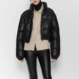 PUWD Casual Woman Oversized Leather Cotton Coats 2020 Fashion Ladies Warm Winter Stand Collar Outerwear Female Drawstring