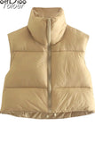 Solid Stand Collar Cropped Waistcoat Puff Vest Women Casual Sleeveless Zipper Jackets Autumn Winter Warm