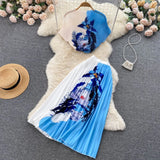Vacation Beach 2pcs Set Women Floral Printed Short Sleeve Tops And High Waist Pleated Long Skirt Suit Spring