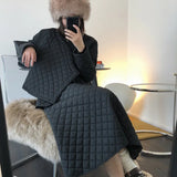 Women Winter New Niche Design Rhombic Oblique Short Cotton Jacket High Waist Skirt Oversize A-line skirt For Two Piece