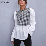 Women Elegant Houndstooth Shirt Fashion Ruffle Stitching Fluffy Long Sleeve Top Casual Chic Ladies Blouse Office White