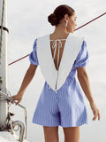 Stripe Shorts Jumpsuit For Womens Big Peter Pan Collar Patchwork Summer Bodysuits Holiday Female Backless