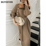 2020 Winter Turtleneck Buttons Women Knitted Mid-length Dress Elegant Lace-up Loose Female Sweater Dress Long