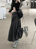 Korean Vintage Pleated Skirt Long Women Autumn Low Rise Preppy Style Casual A-Line Midi Skirt for Girls 90s