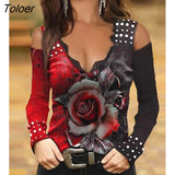 Women Cold Shoulder Blouse Fashion Floral Print Colorblock Lace Trim Beaded Top Casual Elegant Long Sleeve T-Shirt