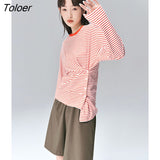Women Striped Tees 2022 Spring Long Sleeves O Neck Loose T-shirts Special Design Pure Cotton Casual Basic