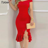 Women Sexy Off Shoulder Formal Dress Irregular Sleeveless Non-positioning Ruffle Printed Female Bodycon Dress for