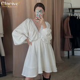 Sexy Deep V-neck Mini Dress Ladies Fashion Loose Long Sleeve Office Dress Streetwear Elegant White Dresses For