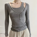 Korean Sexy Slim Tops Two Piece Set Women Camisole+long Sleeve T Shirt Irregular Knitted Ribbed Tee Shirt Designer