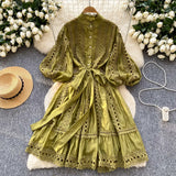 Spring And Summer New Lantern Sleeve Retro Hollow Lace Splicing Single Buckle Loose Lace Dress Dress