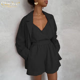 Fashion Crop Top Long Sleeve Shirts 3 Piece Sets Womens Outifits Autumn Orange Shorts Set Elegant Loose Suit With