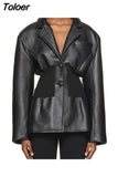 Fashion Women's Blazer Notched Collar PU Patchwork Knitted Super Waist Silhouette Suit Jackets Spring 2023 New